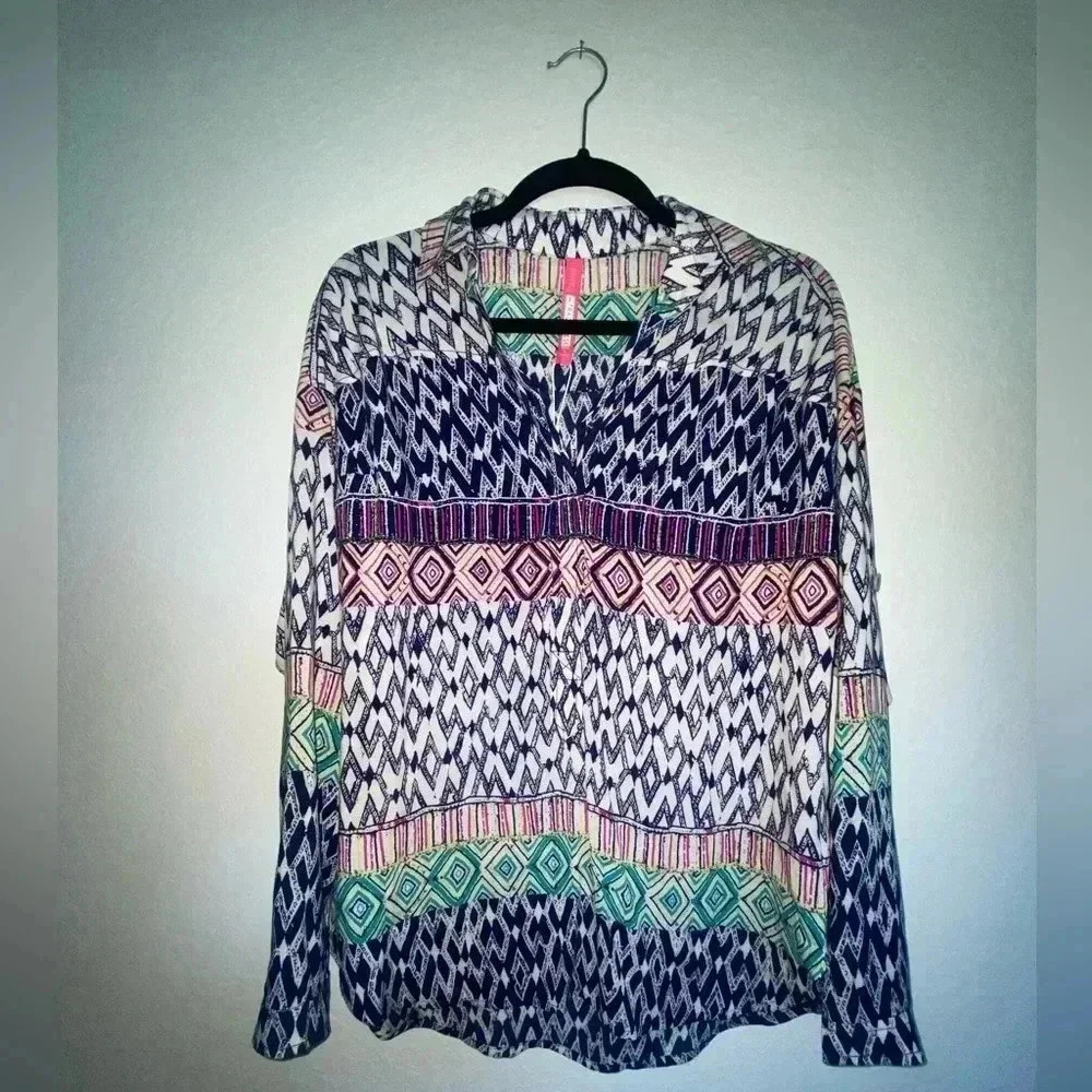 NWT Plenty By Tracy Reese Multicolor 3/4 Sleeve Geometric Print Popover Blouse